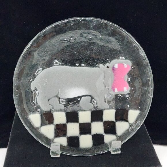 Peggy Karr Fused Glass Animal Plates African Animals Giraffe Zebra Rhino Hippo - Picture 4 of 9